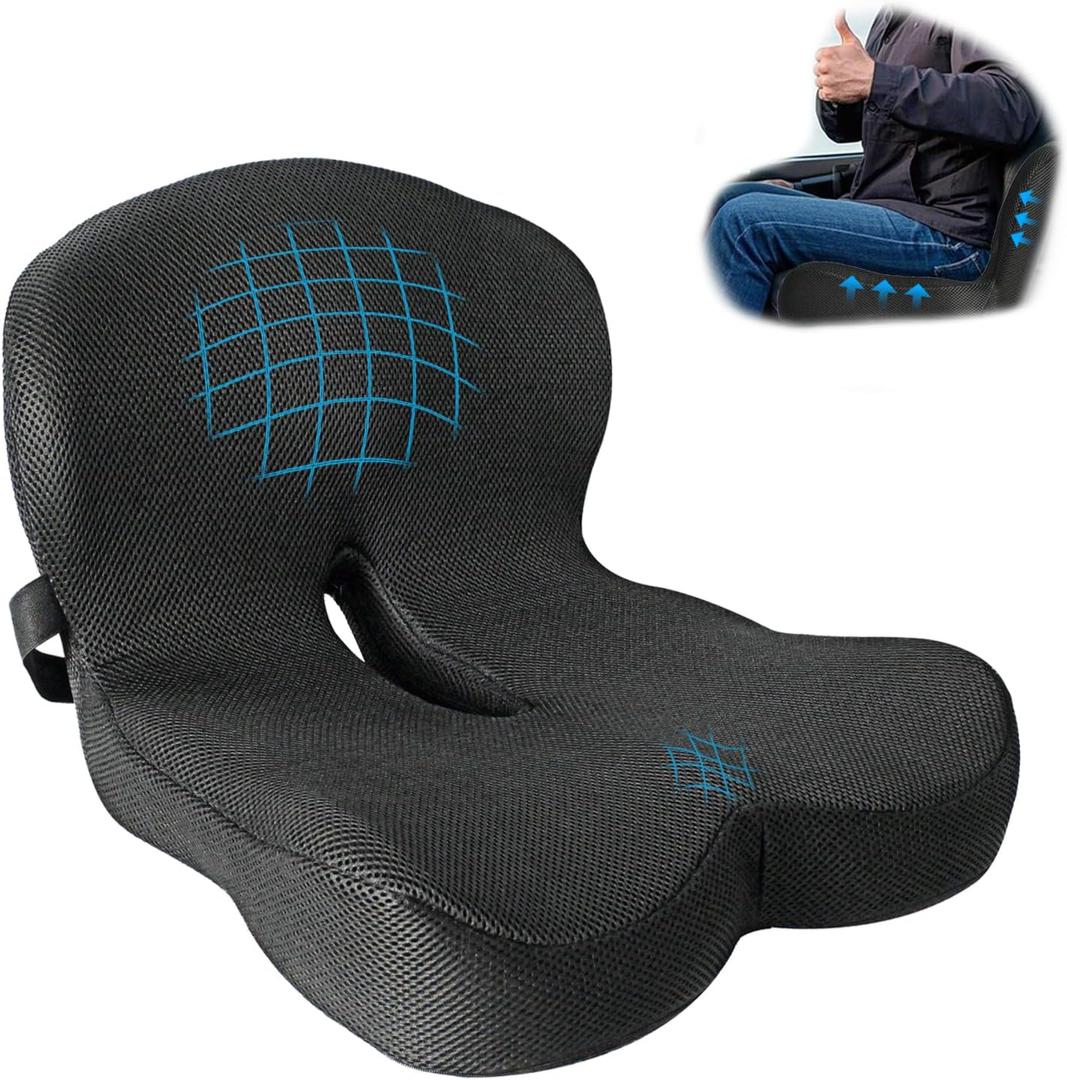 Memory Foam Seat Cushion,Office Chair Cushion with Lumbar Support for Back Pressure Relief, Car Seat Cushion with Adjustable Strap,Sciatica Pad Cushions for Car,Truck, Desk,Gaming Chair