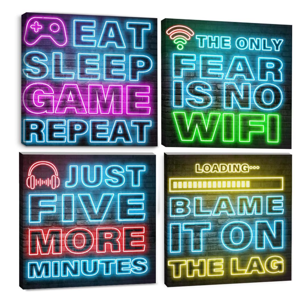 4PCS Teen Boy Room Gamer Decor Decoration Neon Video Gaming Posters Canvas Wall Art Framed Art Painting Modern Wall Decor Canvas Prints for Boys Gamer Room Bedroom Bar Home Decoration