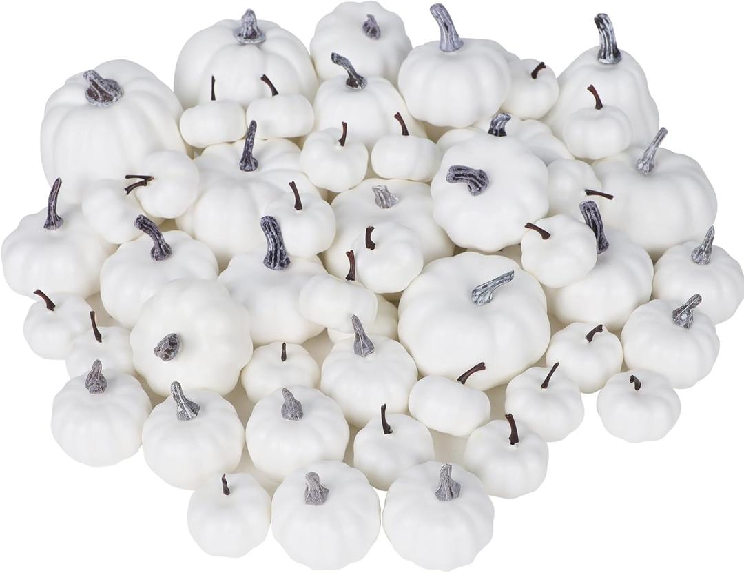 winemana 46 Pcs Assorted Size Artificial Pumpkins Fall Decorations, White Foam Pumpkin Autumn Decor, Decorative Faux Pumpkin for Halloween Thanksgiving Table Centerpiece Mantle Bowl Wedding Party