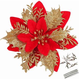 GREENTIME 12 Pcs Glitter Poinsettia 5.5" Artificial Flowers Christmas with Clips Stems Xmas Tree Ornaments for New Year Party Stairs Fireplace Porch Balcony Garden Church Wreath Decoration (Red Gold)
