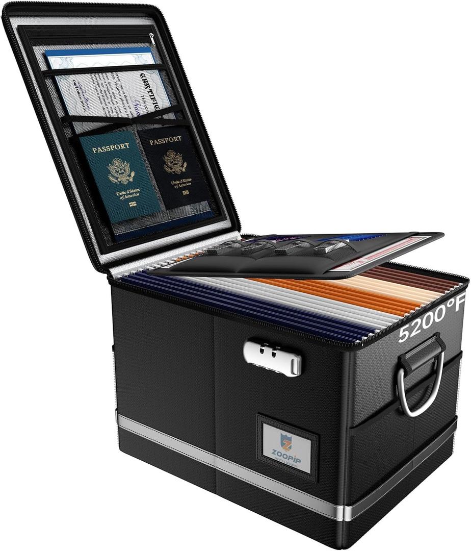 Fireproof Document Box,5200F File Organizer Box with Lock,Foldable Filing Organizer Cabinet, Portable Safe Storage for Hanging Letter/Legal Folder,Black