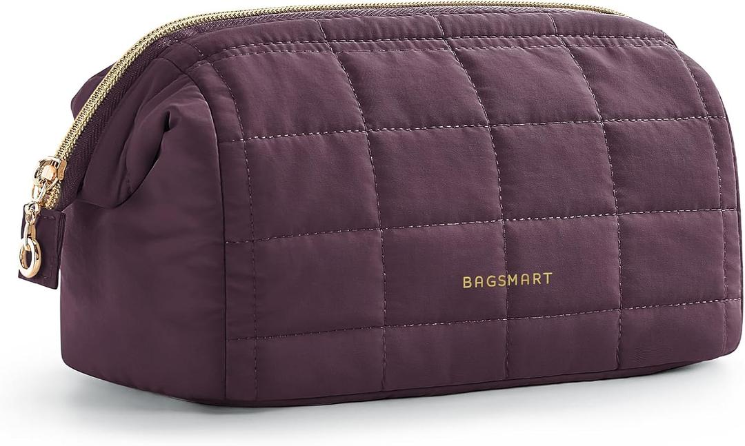 BAGSMART Makeup Bag Travel Toiletry Bag, Zipper Pouch, Burgundy Red | Wide-open, Puffy Padded, Travel Essentials, Make Up Bag, For Women, Makeup Organizer, Toiletries Accessories Brushes