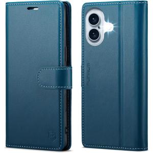 Compatible with iPhone 16 6.1" Wallet Case with RFID Blocking Credit Card Holder, PU Leather Folio Flip Kickstand Protective Shockproof Cover Women Men for Apple 16 Phone Case (Blue)