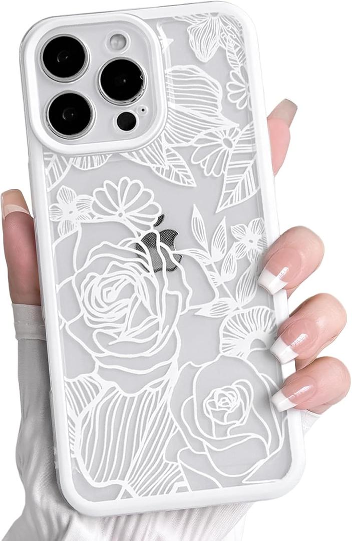 NITITOP Compatible with iPhone 16 Pro Case Clear Cute Rose Flower Floral Leaves Pattern for Women Girls Color Frame Slim Durable Shockproof Protective Phone Cover - White