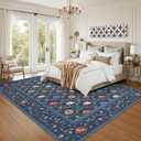GarveeHome Floral Living Room Rugs, Washable 8x10 Area Rug Vintage Soft Boho Non-Slip Carpet Indoor Floor Stain Resistant Carpets for Bedroom Dining Room Nursery Farmhouse, Navy Blue