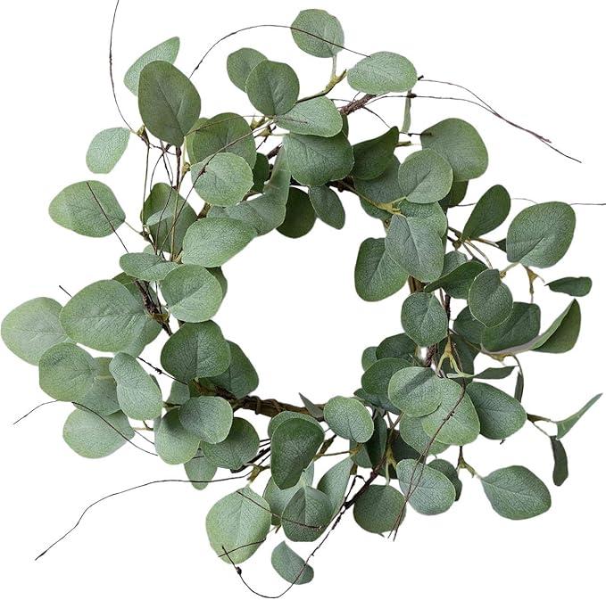 Eucalyptus Leaves Wreath Metal Polyester Green Wreath 19 Inches for The Front Door Décor, 1 Pack