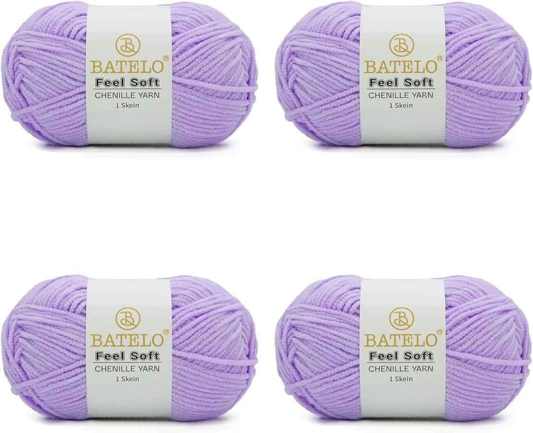 Thin Chenille Yarn for Crocheting & Knitting, Soft Plush Yarn for DIY Crafts, Amigurumi, Home Decor - 3 Light - 4 Pack of 1.7oz/142yds - Light Purple