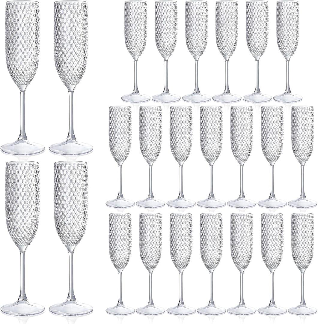 Plastic Champagne Flutes Champagne Glasses Unbreakable Wedding Toasting Glasses Reusable Diamond Wine Glasses Crystal Clear Party Wine Cups Vintage Drinking Glasses 5.5 OZ for Wedding (24, Crystal)