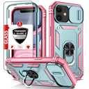 IYTRRYH Compatible with iPhone 11 Case with 2 Tempered Glass Screen Protector,Built-in Camera Cover+Stand Ring,Dustproof Shockproof Military Grade Drop Heavy Duty Protection Phone Bumper,Green Pink