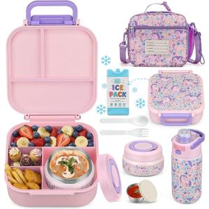 Bento Lunch Box for Kids with 7oz Soup Thermo,Insulated Stainless Steel Kids Water Bottle with Straw and Insulated Lunch Bag,Leak-Proof Lunch Food Container with Ice Pack for School (Pink-Horse)