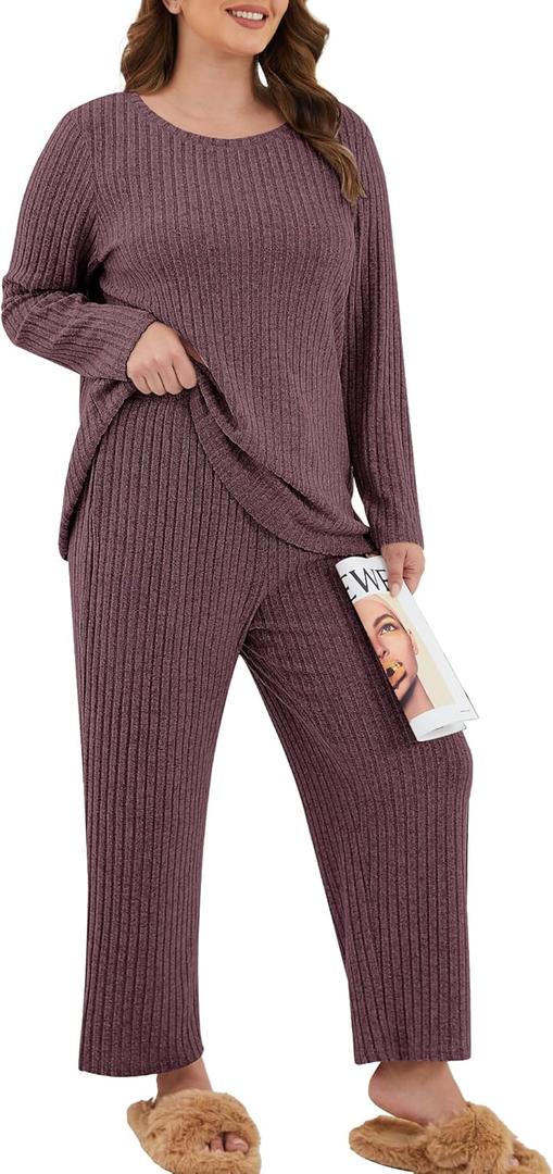 Womens Plus Size Lounge Pajamas 2 Piece Pj Sets Soft Long Sleeve Ribbed Tops Wide Leg Pants with Pockets (3X-Large, Burgundy)