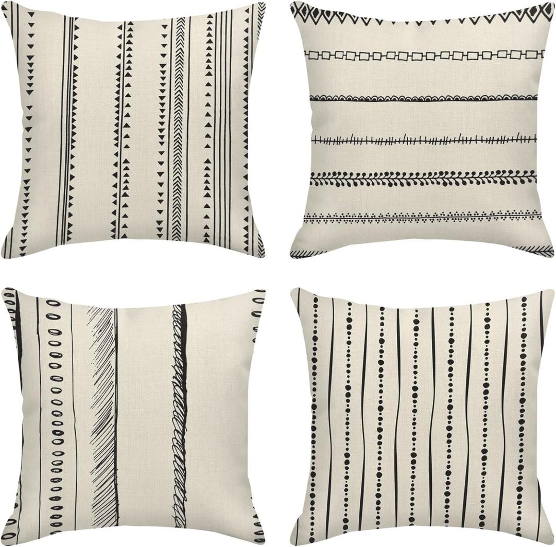 ArtSocket Set of 4 Throw Pillow Covers Pattern Black and White Boho Bohemian Geometric Dots Lines of Borders Decor Linen Outdoor Pillow Cases Home Decorative Square 18x18 Inches Pillowcases