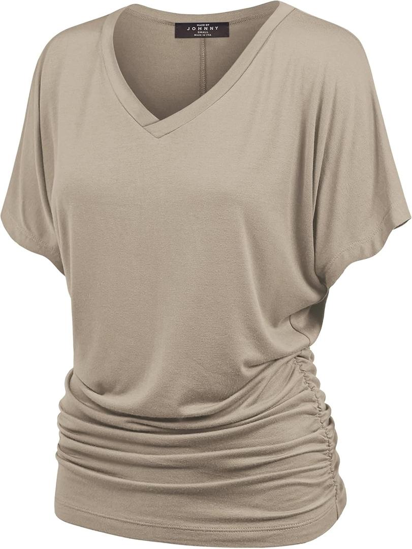Made By Johnny Women's Casual Solid Short Sleeve Boat Neck/V Neck Dolman Top T Shirt with Side Shirring (Medium)