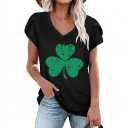 Roshop St Patricks Day Shirt Women Petal Sleeve V Neck Lucky Clover Irish Shamrock Shirts (Large, Black Kelly Green Three)