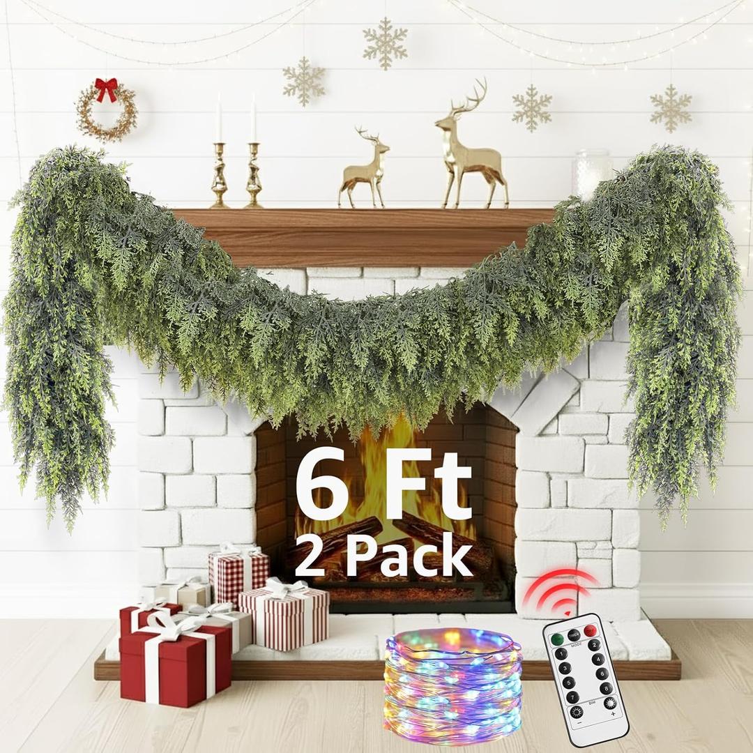 Cedar Christmas Garland with Lights for Mantle - 2 pack Decorations 6 ft Realistic Lighted Faux Pine Garlands for Xmas Home Decoration Indoor Stairs Railing Fireplace Outdoor Prelit Garland Door Decor,6Ft, 2