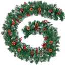 Christmas Garland with Lights, 9FT Snow Flocked Christmas Garland for Mantle, Prelit Outdoor Garlands with Red Berries and Pine Cores for Outdoor Indoor Mantle Table Stairs Fireplace Home Decor