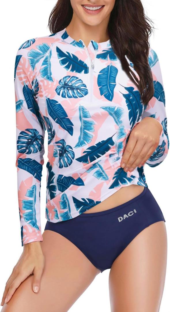 Daci Women 2 Piece Rash Guard Long Sleeve Zipper Bathing Suit with Bottom Built in Bra Swimsuit UPF 50 (Small)