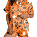 Halloween Pajamas Set Women 2PC Silk Satin Pumpkin Shorts Sets Short Sleeve Button Down Shirts + Bottoms Loungewear, Large