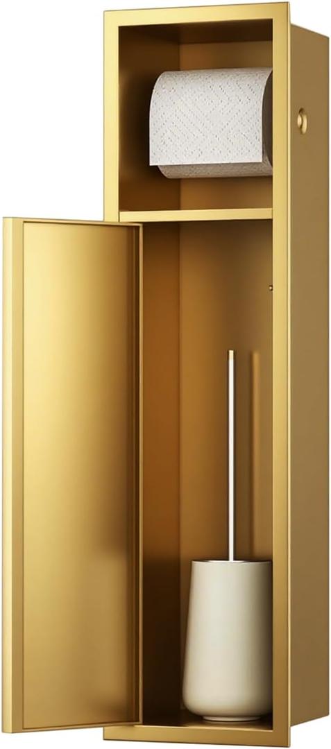 OKYSHDF Recessed Toilet Paper Holder, in Wall Toilet Brush Holder Storage Cabinet, Stainless Steel Tissue Roll Dispenser for Bathroom Remodel, 23.6x6.3x4.9 (Gold)