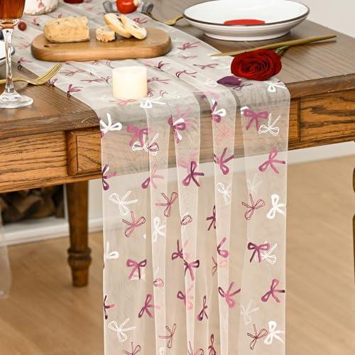 Artoid Mode Pink Bow Beige Gauze Table Runner 120 Inch 10FT, Glitter Metallic Foil Valentine’s Day Sheer Dining Anniversary Wedding Table Decor for Home Party