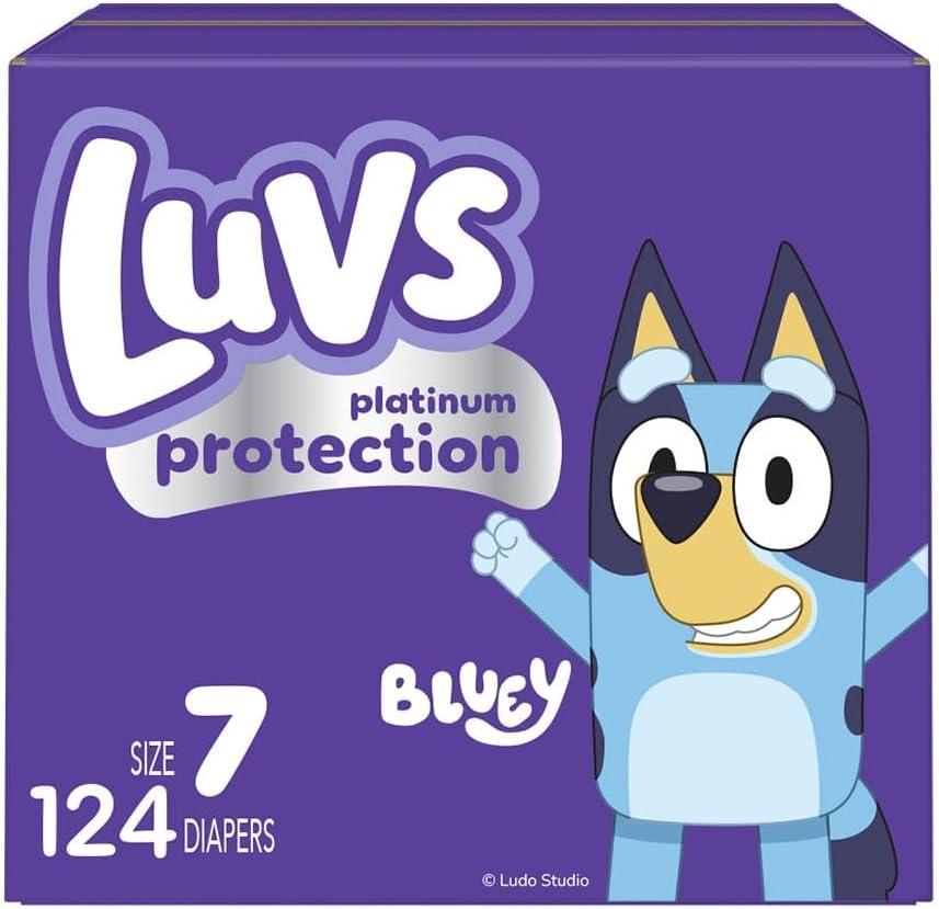 Luvs Size 7 Baby Diapers, Platinum Protection Bluey Diapers for Day & Night, Size 7, 124 Count 