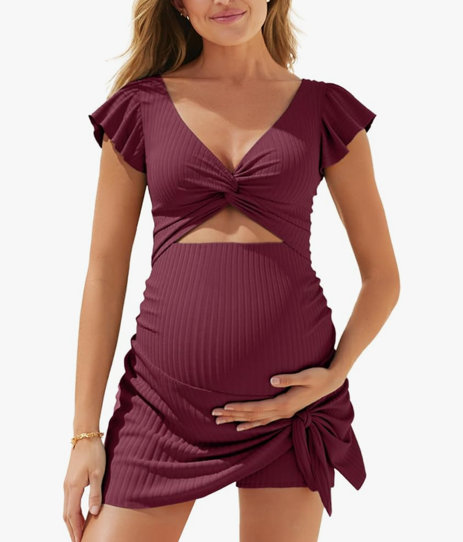 Summer Mae Ribbed Maternity One Piece Swimsuit Dress Cutout Bathing Suit with Built-in Pocket Short Swimwear Tie Knot Skirt .Large