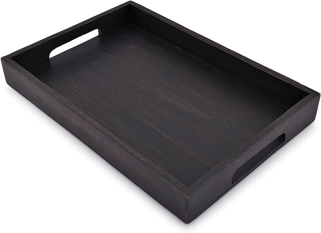 EDHAS Acacia Wood Rectangle Black Serving Tray for Breakfast Dinner Drinks Kitchen Dining Living Bathroom with Handle (15" x 10" x 1.6")