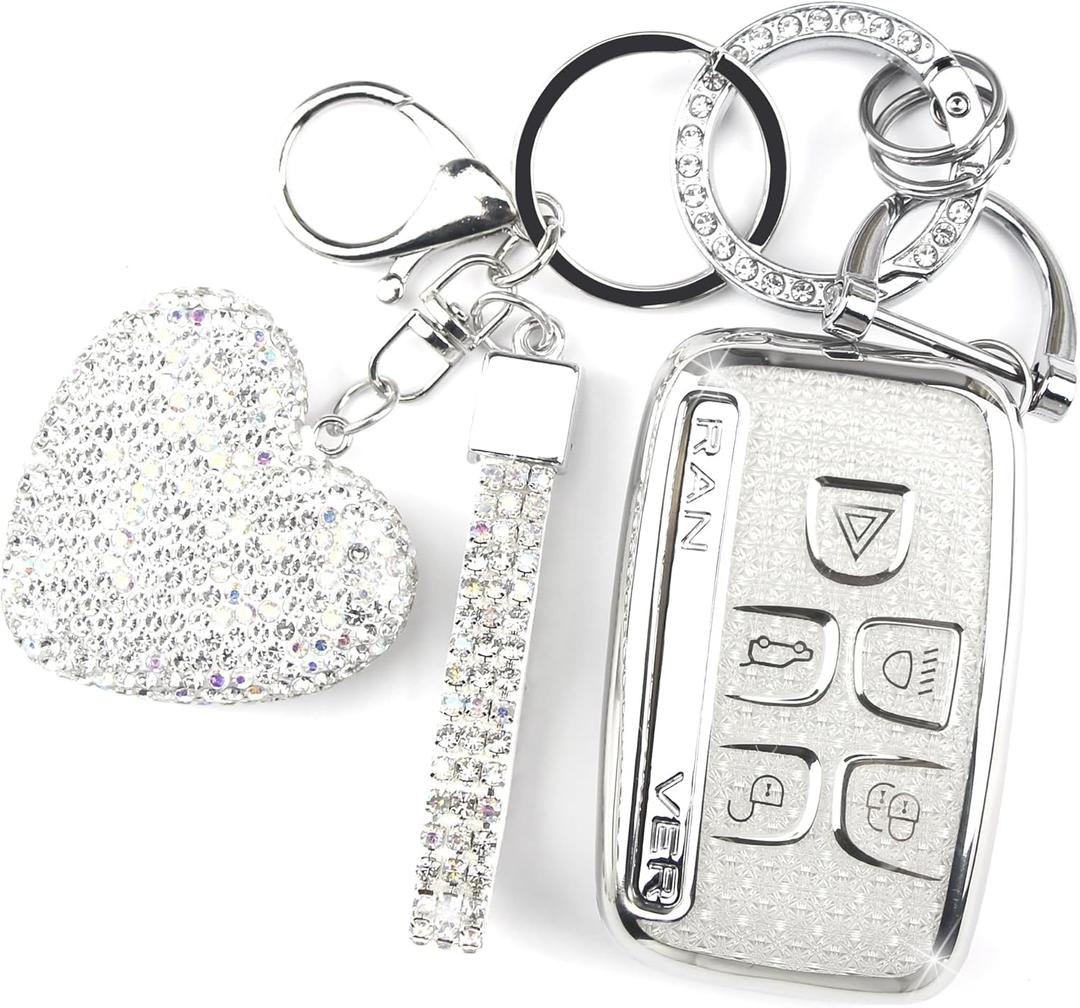Key Fob Cover with Keychain Fit for Land Rover Car Key Holder Compatible with Range Rover Evoque Sport Velar Land Rover Discovery Jaguar F-Pace F-Type XE XEL XF XFL XJ, 5 Buttons (Silver)