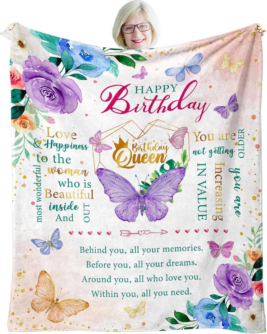 Birthday Gifts for Women, Happy Birthday Presents for Women Friendship Throw Blanket 50"X60", Best Birthday Queen Gifts Ideas for Mom Female Friend Wife Sister, Butterfly Bday Decorations for Woman (Purple)