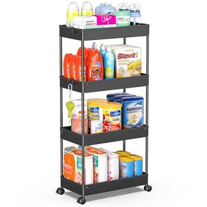 SPACEKEEPER Storage Cart 4-Tier, Bathroom Rolling Cart Utility Storage Organizer Shelf Mobile Shelving Unit for Kitchen Living Room Bathroom Laundry Room & Dressers, Black