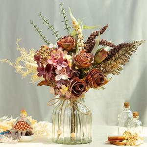 Artificial Flowers in Vase, Silk Hydrangea Rose with Glass Vase Fake Fall Flowers Arrangement Eucalyptus for Farmhouse Vintage Home Office Decoration, Dining Table Centerpiece (Rose Red)