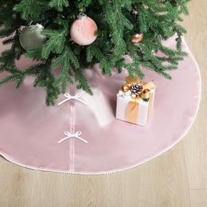 Civaner Pink Christmas Tree Skirt 36 Inches Satin Tree Skirt Lace Badge Trim Skirts Collar Decoration for Party Elegant Xmas Holiday Home Decorations
