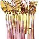 24 Pieces Flatware Set, Caliamary Stainless Steel Flatware Set with Silverware Holder Spoons Forks Knives, Utensils Set Service for 6, Gold Mirror Polished and Matte Pink Painted (Pink)