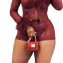 Mandonce Leather 2 Piece Sets with Fur Python Texture V Neck Crop Top and Leather Shorts Set Y2k Sexy Party Outfits (Red, Small)