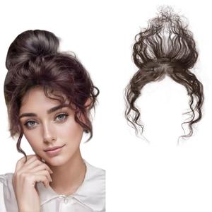 Curly Human Hair Topper for Women Clip in Wavy Hairpiece with Air Bangs Breathable Real Hair Wiglet for Thinning Top (5 * 12cm Dark Brown Curly No Bangs)