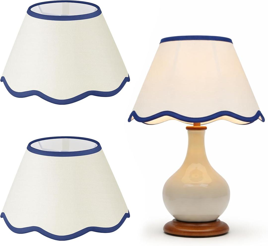 VIHOSE 9.4'' Bottom x 5.9'' High x 5.1'' Top Set of 2 Beige Lamp Shade with Petal Edge, Fabric Chandelier Scalloped Lampshade, for Floor Wall Lamps Table Bedroom Living Room(Navy Blue Edge), 9.53 Inches X 7.01 Inches