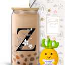 Monogrammed Initial Glass Cup with Lids and Straws, Personalized Gift Set with Doll, 16 Oz Ice Coffee Cup for Women, Birthday Christmas Mothers Day Gift for Her, Z