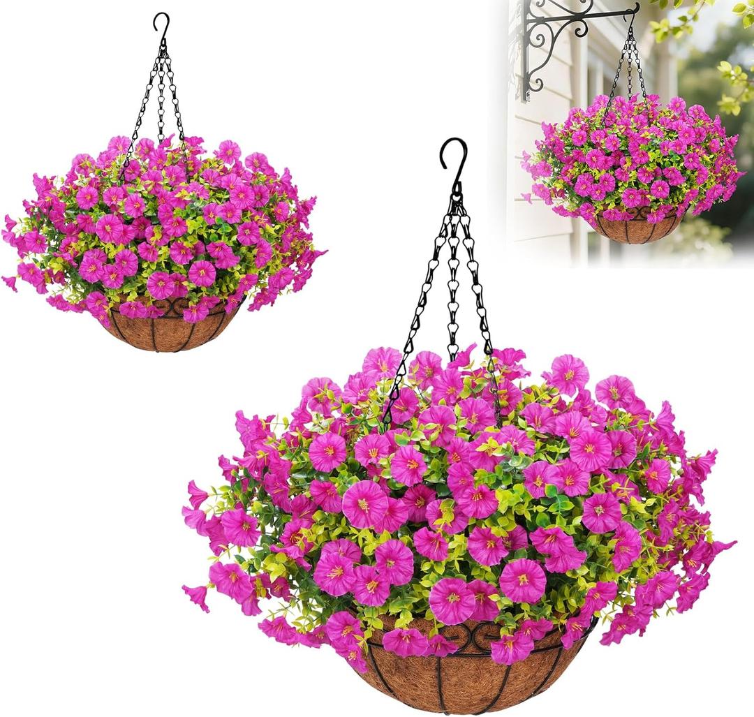 Yastouay 2 Pack Artificial Hanging Flowers for Outdoors, Fake Hanging Plants with Baskets, UV Resistant Hanging Flowers Fake Flowers for Outdoors Porch Patio Garden Spring Summer Decor(Purple Red)