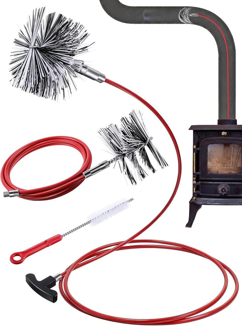 Feekoon Pellet Stove Cleaning Kit, 20 FT Flexible Steel Rod with 3" & 4" Brush Head, Flue Detail Cleaner, Pellet Stove Accessories for Vent Pipes Cleaning - Reduce Buildup & Improve Airflow