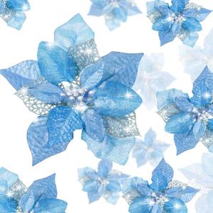 Boao 24 Pieces Christmas Artificial Glitter Poinsettia Flowers Xmas Flowers Wedding Christmas Tree New Year Ornaments(Blue)