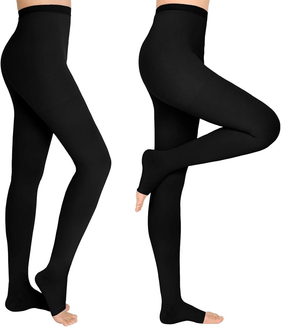 2 Pairs 15-20 mmHg Compression Pantyhose for Women, Closed Toe Compression Stockings, Waist High Opaque Compression Tights for Varicose Veins, Swelling, Teacher, Doctor (Medium, Black-Open Toe)