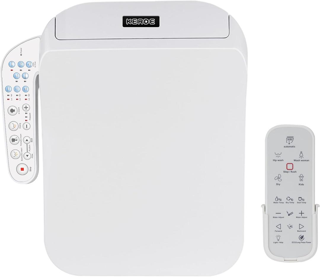 KERDE F30B Square Electric Bidet Toilet Seat - Heated Seat, Warm Water Cleansing, Air Dryer, Adjustable Nozzle, Remote Control, Energy Saving, Easy Installation for Square Toilets