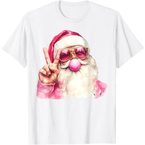Santa Claus Blowing Bubble Gum Pink Sunglasses Christmas T-Shirt