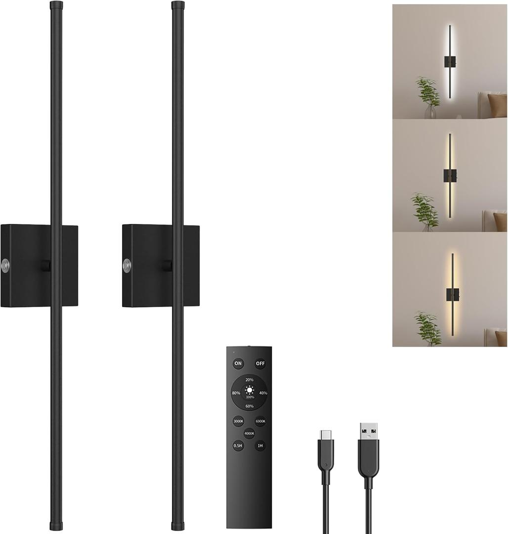 Battery Operated Wall Sconce with Remote Control, Magnetic Black Rechargeable Wall Sconces Set of Two, Led Dimmable Wireless Wall Light for Living Room, Bedroom, Hallway,28 Inch (2 Pack)