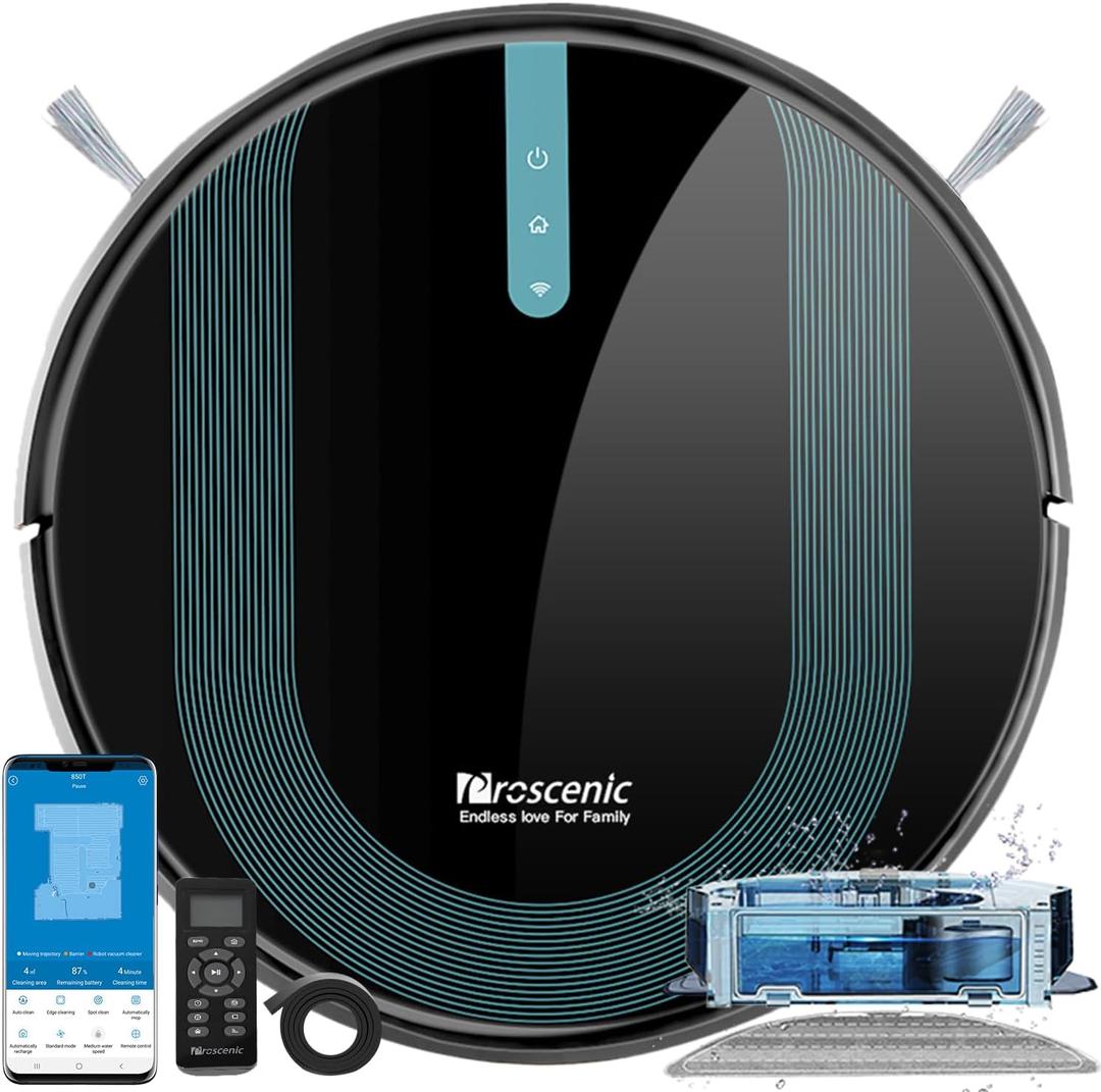 Proscenic 850T Robot Vacuum Cleaner with Mop,3000Pa Strong Suction Robotic Vacuum with Mop, Wifi/App/Alexa/Remote Control, Automatic Self-Charging,Ideal for Pet Hair,Hard Floor&Carpet,7.3cm Thin,Blac