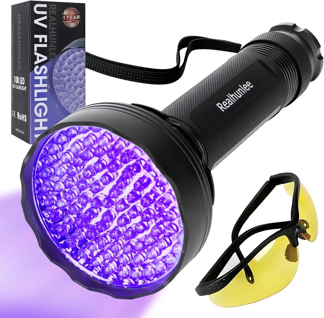 UV Flashlight Black Light, Ultra Bright 100 LED 395 nM Ultraviolet Blacklight Detector with UV Protective Glasses for Dry Pet Dog Cat Urine Stains, Scorpions Air Conditioner AC UV Dye Leak