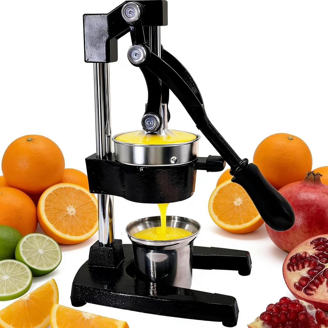 Commercial Heavy Duty Manual Citrus Juicer Press - Professional Cast Iron Hand Orange Squeezer with 304 Stainless Steel Strainer & Cup - Fruit Extractor for Pomegranate, Lemon, Lime - Black