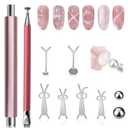 Plman Double-Head Cat Eye Nail Magnet Set, Nail Magnet Tool with Magnet Beads and Nail Magnet Guides, Flower Design Nail Magnetic Pen, Cat Eye Magnet for Nail Art DIY (Double-Head Set-Pink)