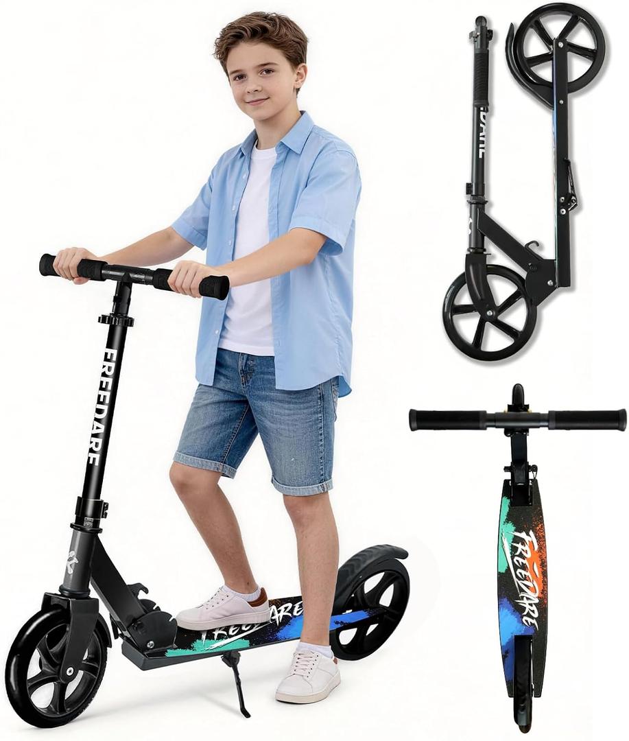 FREEDARE Kick Scooter for Kids & Adults Ages 8+, Foldable Teen Scooter with 2 Big 8-inch Wheels and 4-Level Adjustable Handlebar, Max Load 220 LBS