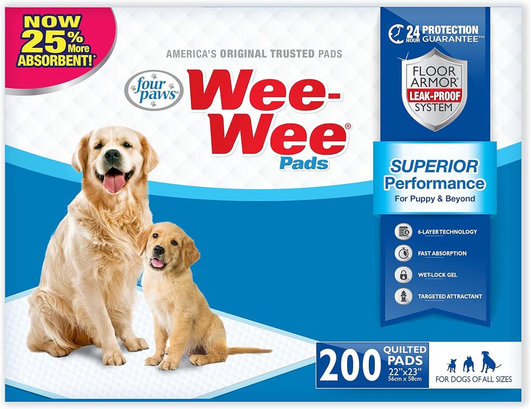 Four Paws Wee-Wee Superior Performance Unscented Pee Pads for Dogs & Puppies, Quilted Leak-Proof Dog Housebreaking Potty Training Floor Protection, 22" x 23", 200 Count (White)